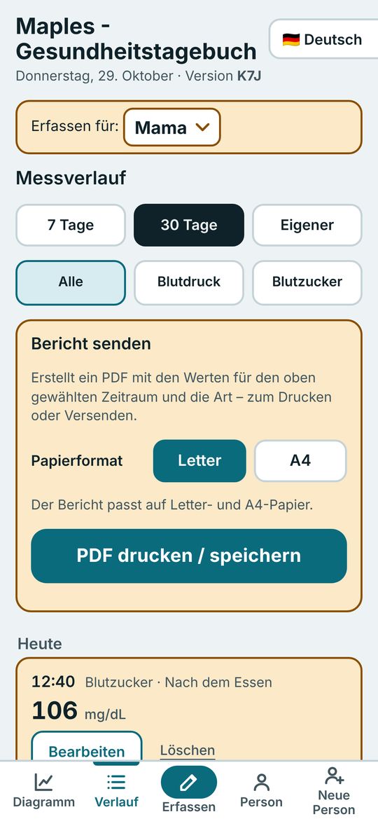 Verlaufsbildschirm mit der Schaltfläche Bericht senden