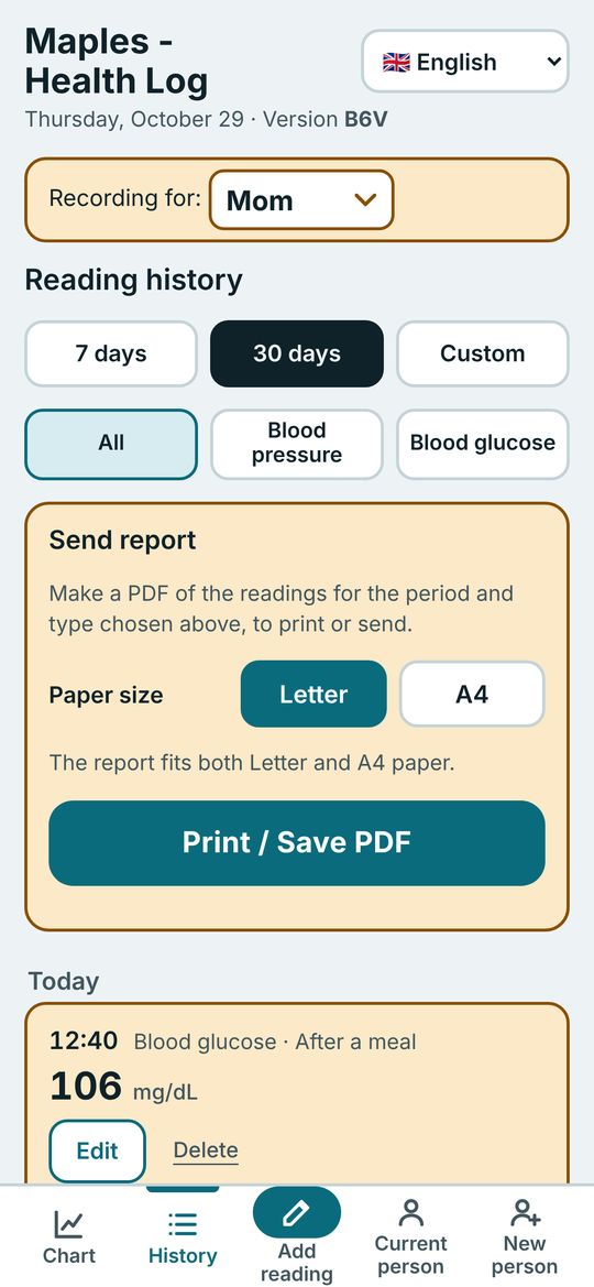 Reading history screen with the Send report button