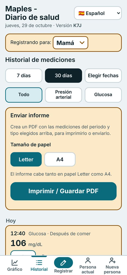 Pantalla de historial con el botón Enviar informe