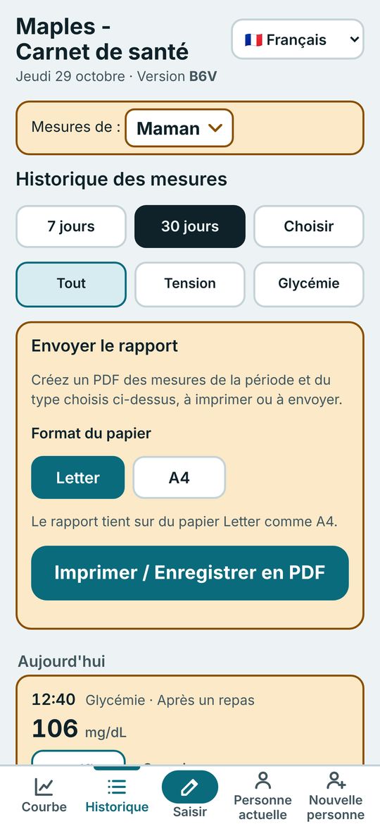 Écran de l’historique avec le bouton Envoyer le rapport