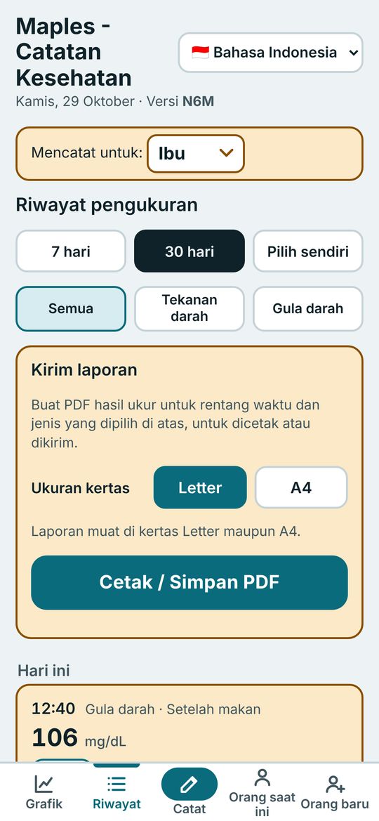 Layar riwayat dengan tombol Kirim laporan