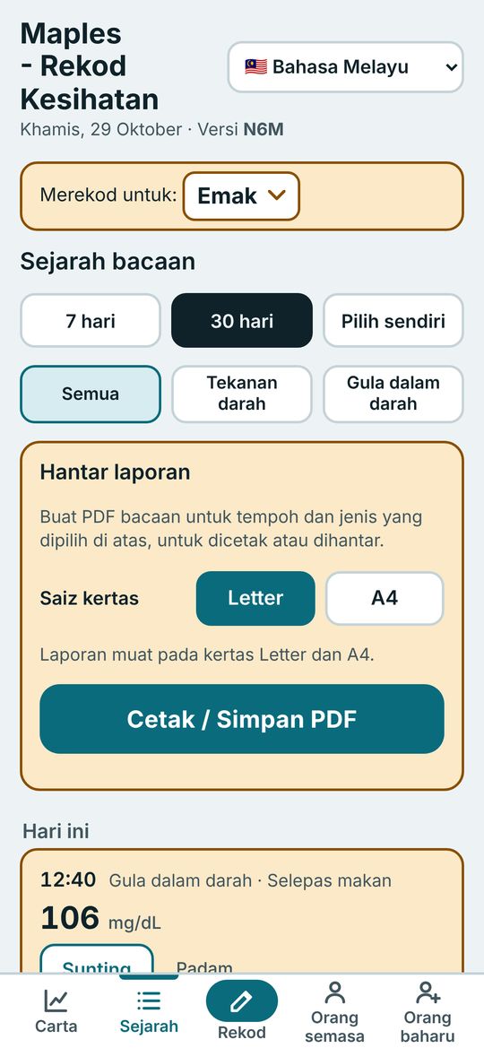 Skrin sejarah bacaan dengan butang Hantar laporan