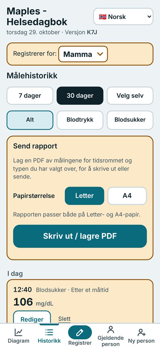 Historikkskjerm med knappen Send rapport
