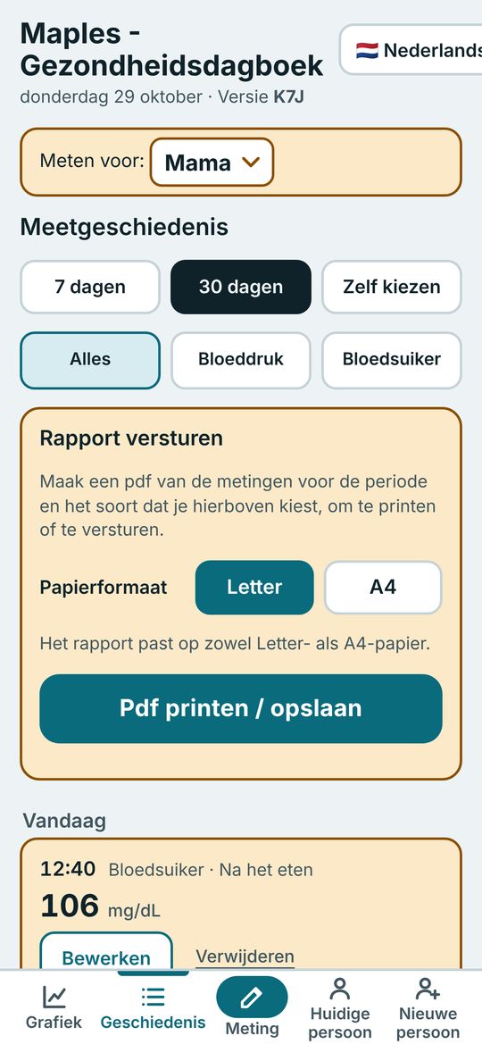 Geschiedenisscherm met de knop Rapport versturen