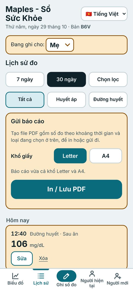 Màn hình lịch sử số đo với nút Gửi báo cáo